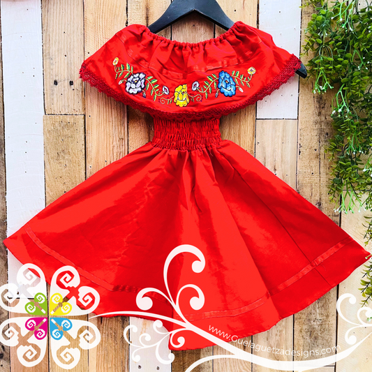 Red Tehuana Embroider Campesino Children Dress