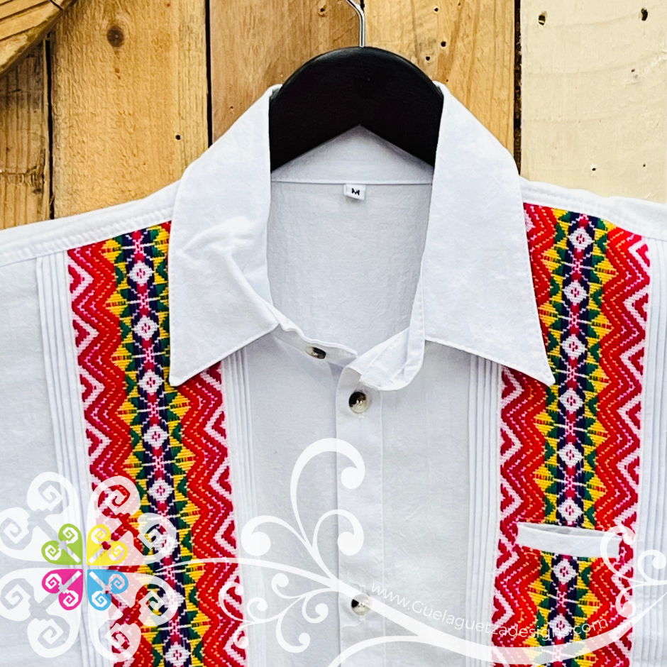 White with Red Guayabera Michoacán - Embroider Men Shirt