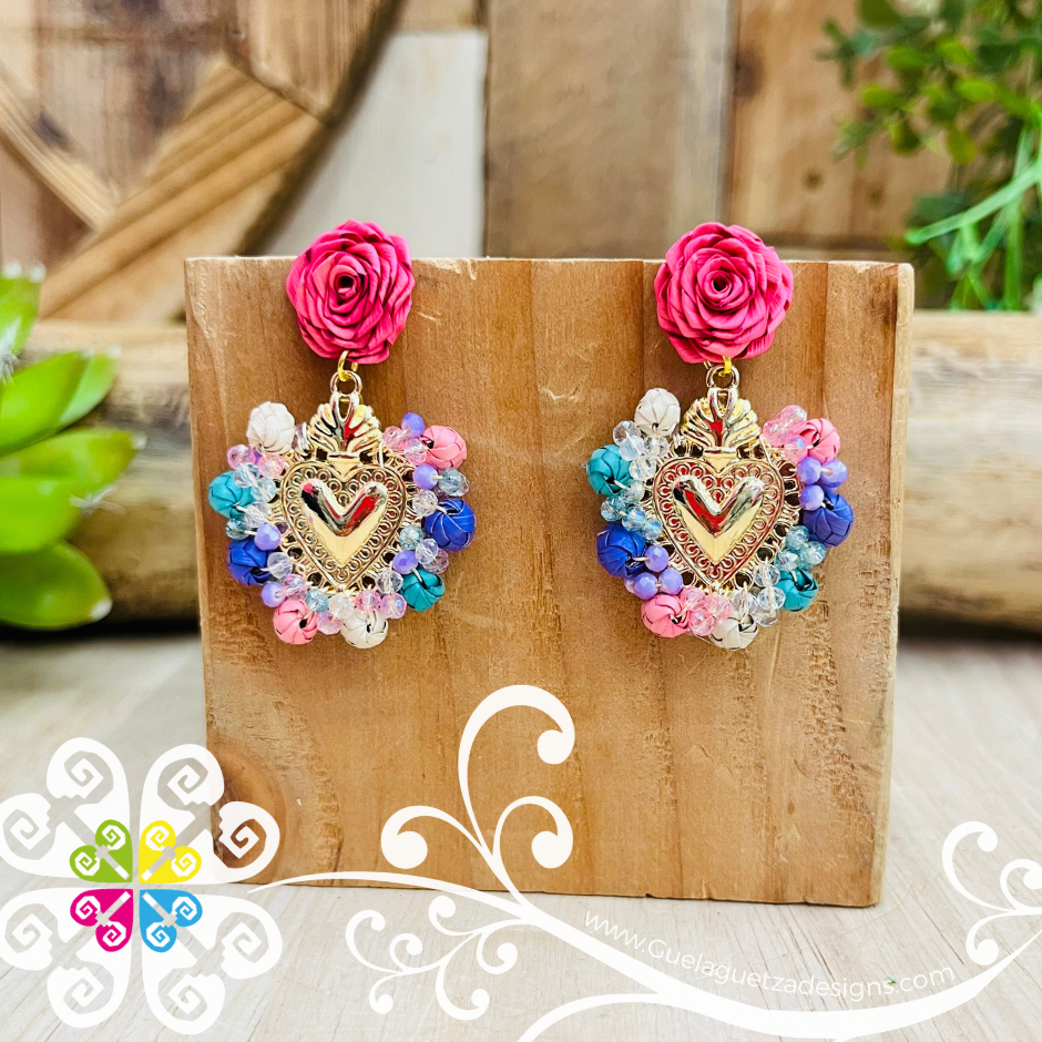 Multicolor Corazon Milagrito Wood Studs- Palm Earrings