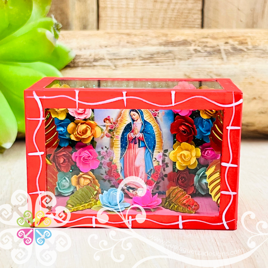 Red Mini Square Virgen de Guadalupe Mexican Box Decor - Cajita Decorativa Barro Cocido