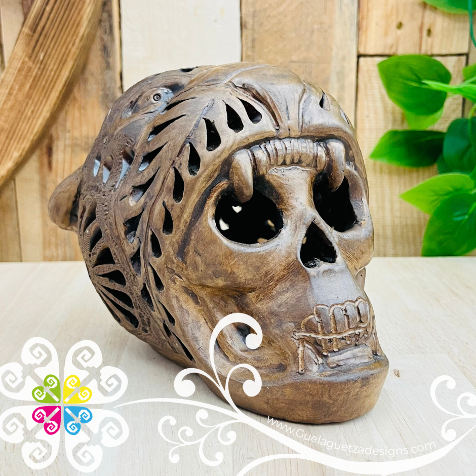 Medium Jaguar Warrior Skull Calado Skull  - Barro Café Oaxaca