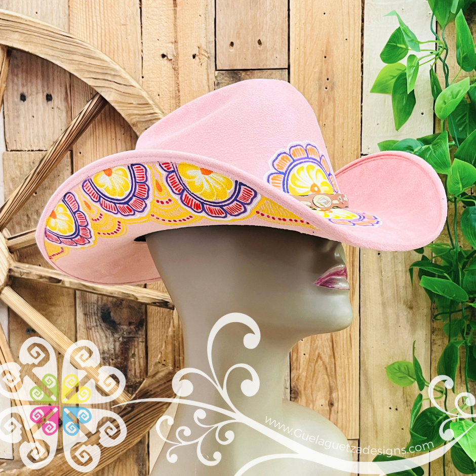 Pink Mitla Cowboy Velvet Hat - Hand Painted Hat