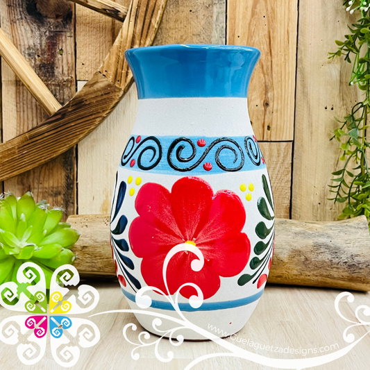 Turquoise Blue Florero Ovulo Floreado - Mexican Home Décor