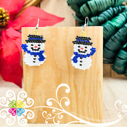 Blue Scarf Snowman - Christmas Beaded Earrings