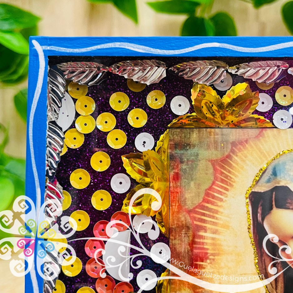 Large Blue Virgen De Guadalupe Shadow Box - Mexican Wall Decor