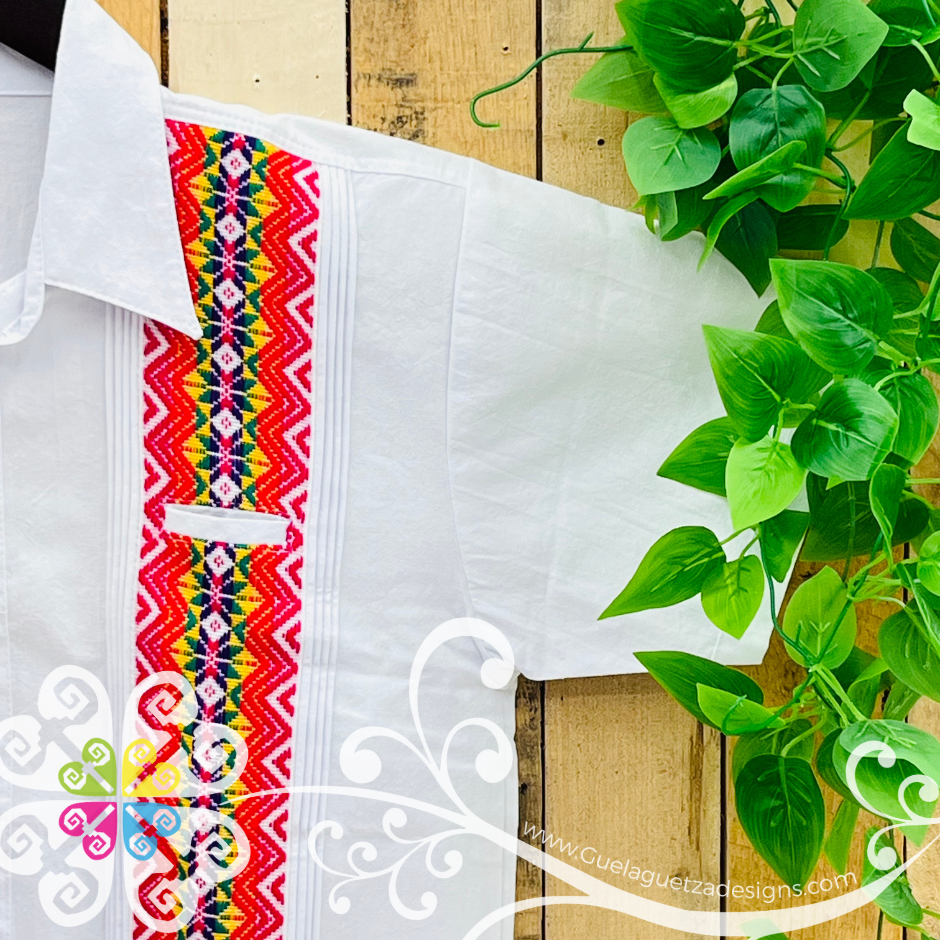 White with Red Guayabera Michoacán - Embroider Men Shirt