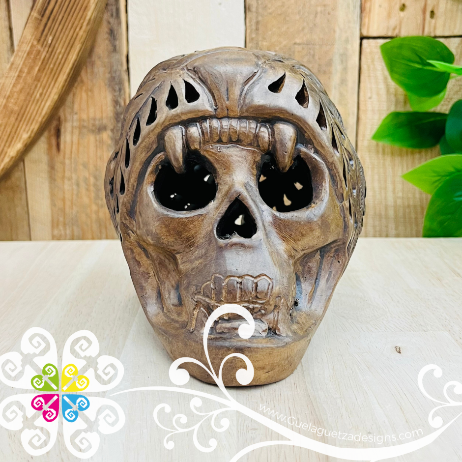 Medium Jaguar Warrior Skull Calado Skull  - Barro Café Oaxaca