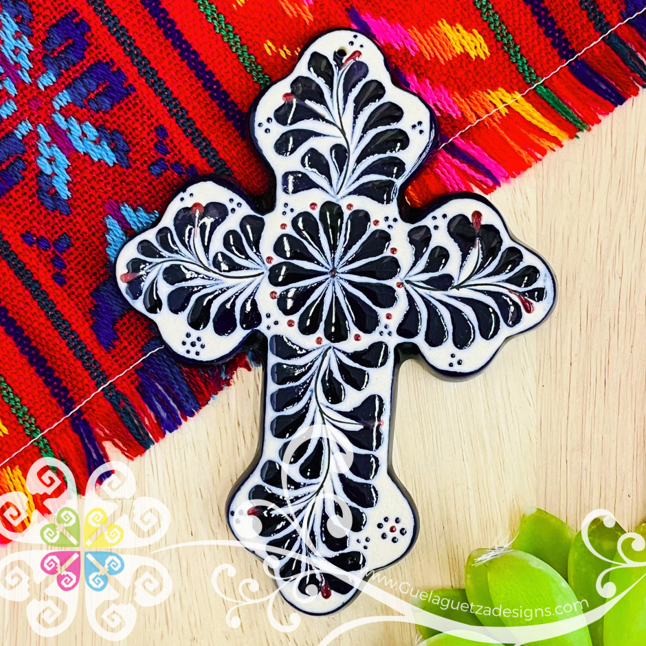 Small Navy Blue Flower Cross - Barro Alta Temperatura - Home Wall Decor