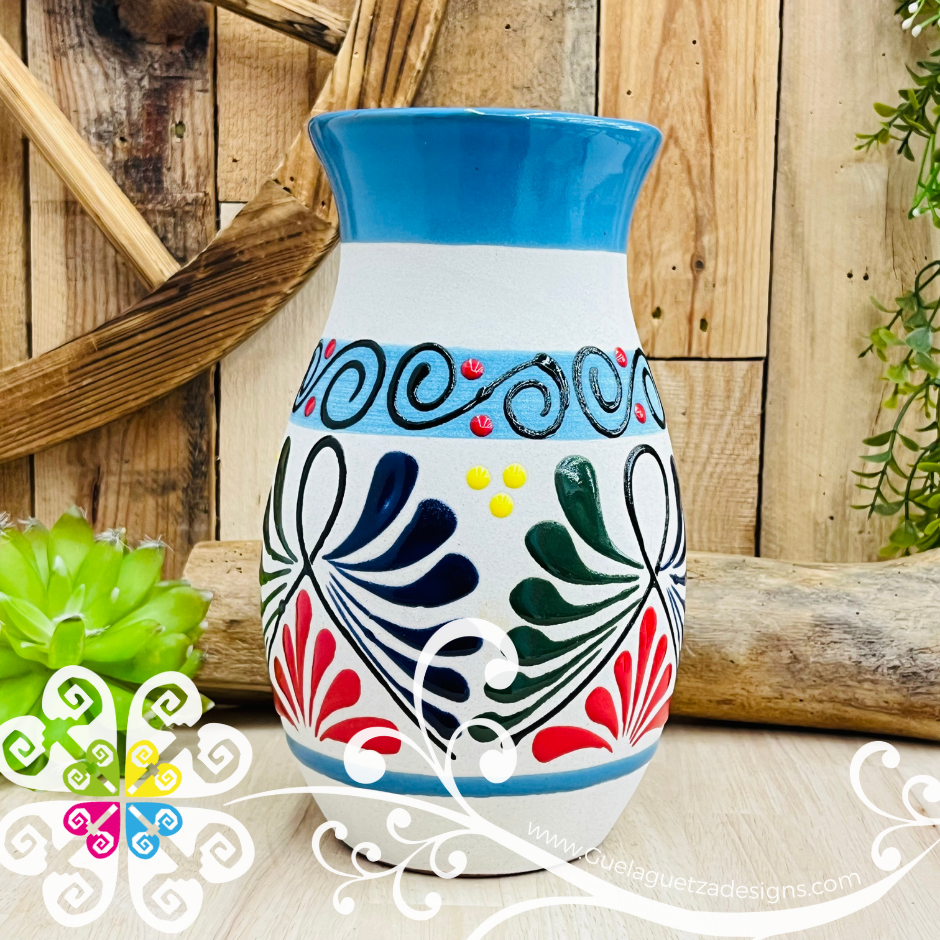 Turquoise Blue Florero Ovulo Floreado - Mexican Home Décor