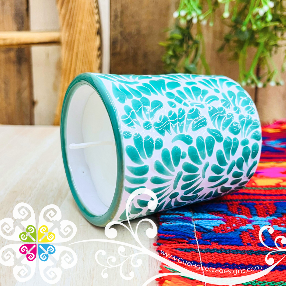 Large Cylinder Green Talavera Candle - Artisan Candles