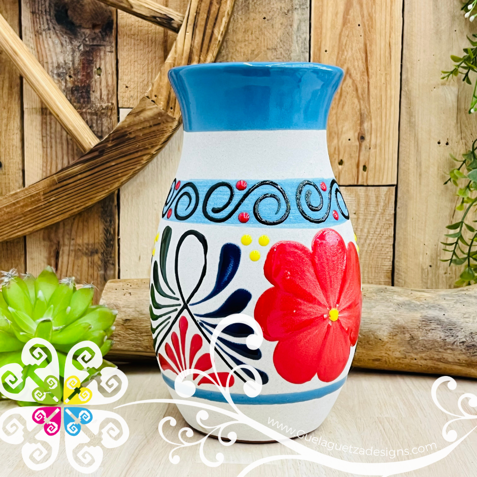 Turquoise Blue Florero Ovulo Floreado - Mexican Home Décor