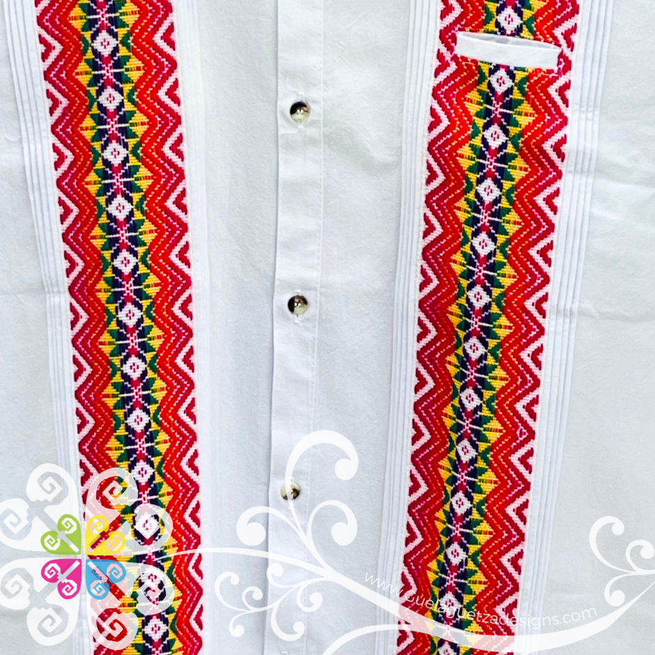 White with Red Guayabera Michoacán - Embroider Men Shirt