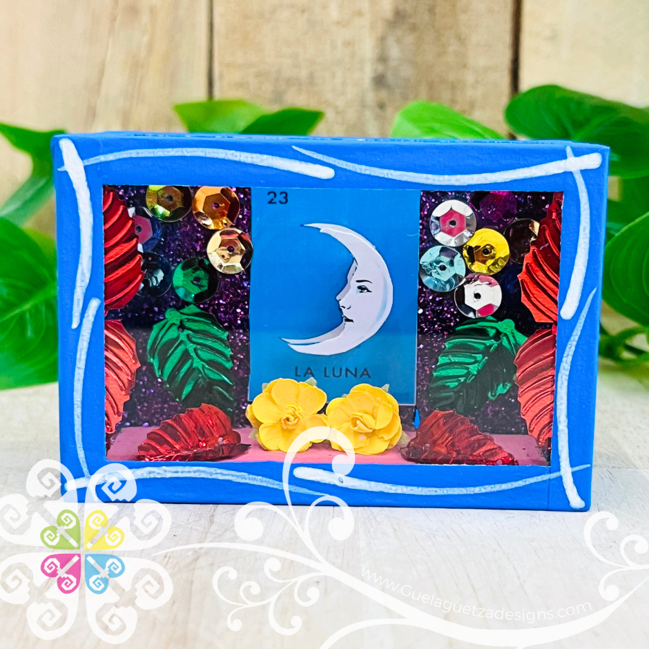 Mini Blue Square LoteriaMX Mexican Box Decor - Cajita Decorativa Barro Cocido