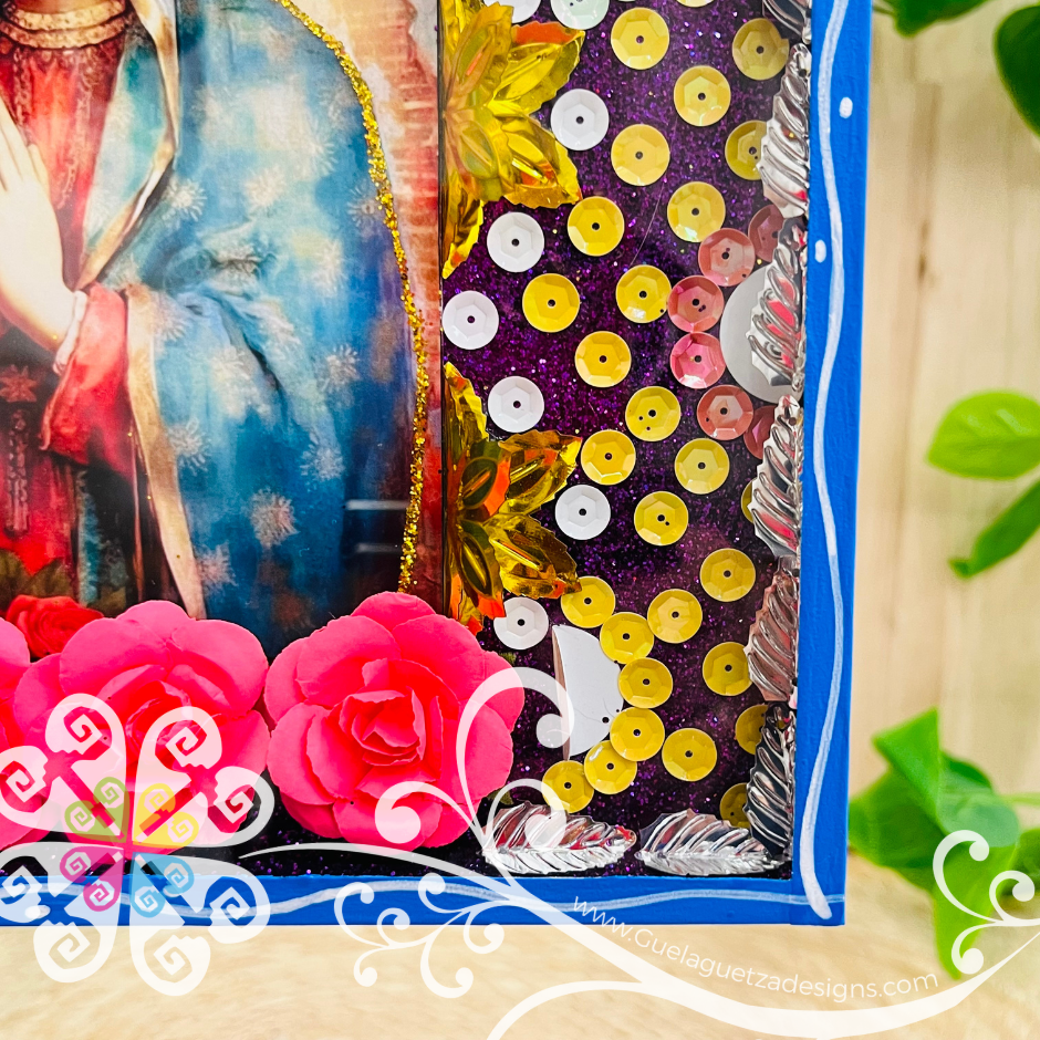 Large Blue Virgen De Guadalupe Shadow Box - Mexican Wall Decor