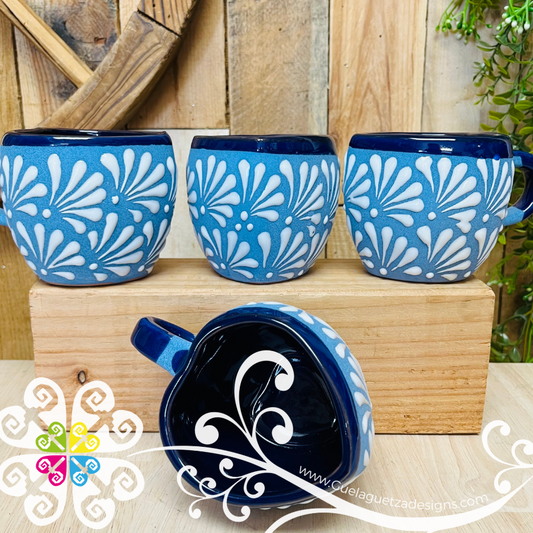Set of 4 Blue Corazon Clay Mugs - Set Taza Barro
