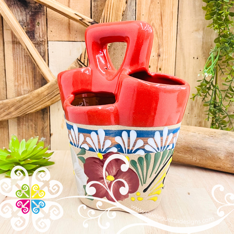 Red Flores Clay Utensil Holder - Spoon Holder