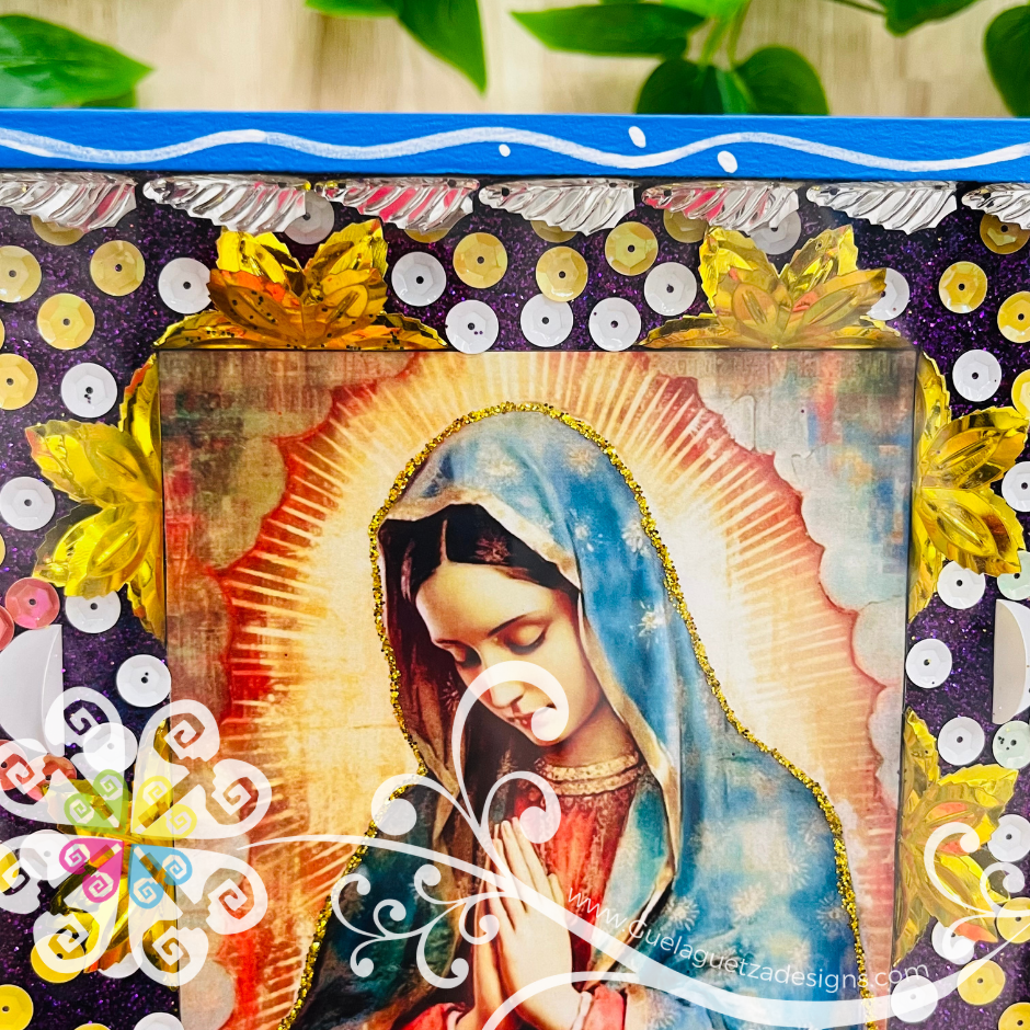 Large Blue Virgen De Guadalupe Shadow Box - Mexican Wall Decor