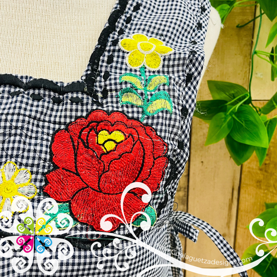 Black with White Escapulario Embroider Apron - Mandil Artesanal