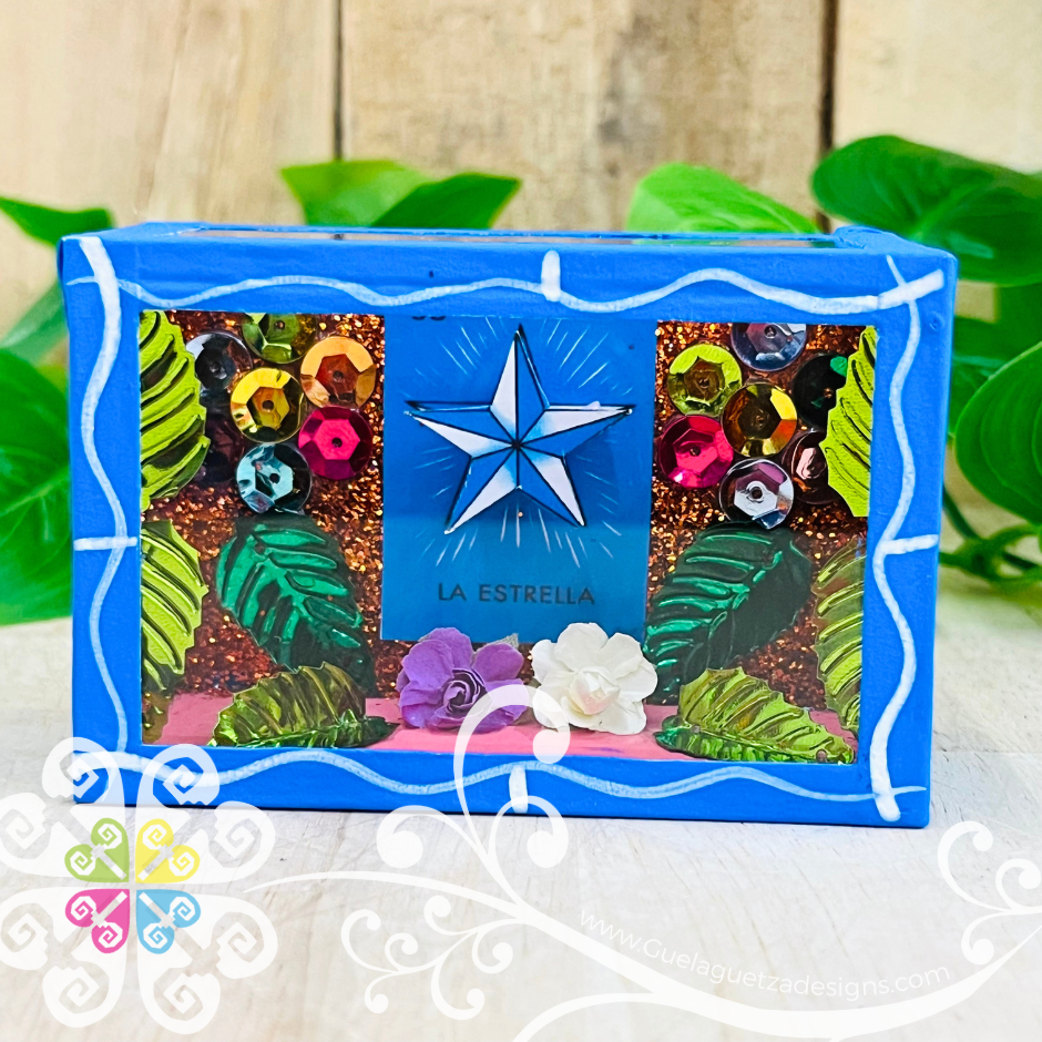 Mini Blue Square LoteriaMX Mexican Box Decor - Cajita Decorativa Barro Cocido