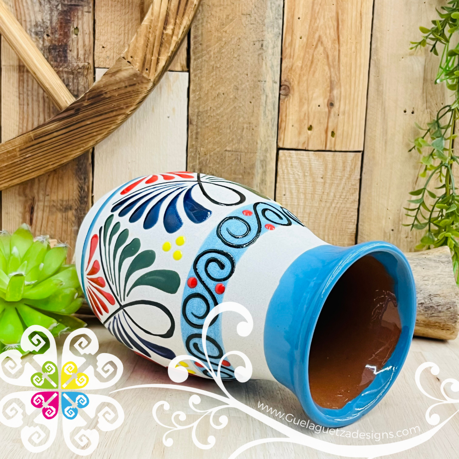 Turquoise Blue Florero Ovulo Floreado - Mexican Home Décor