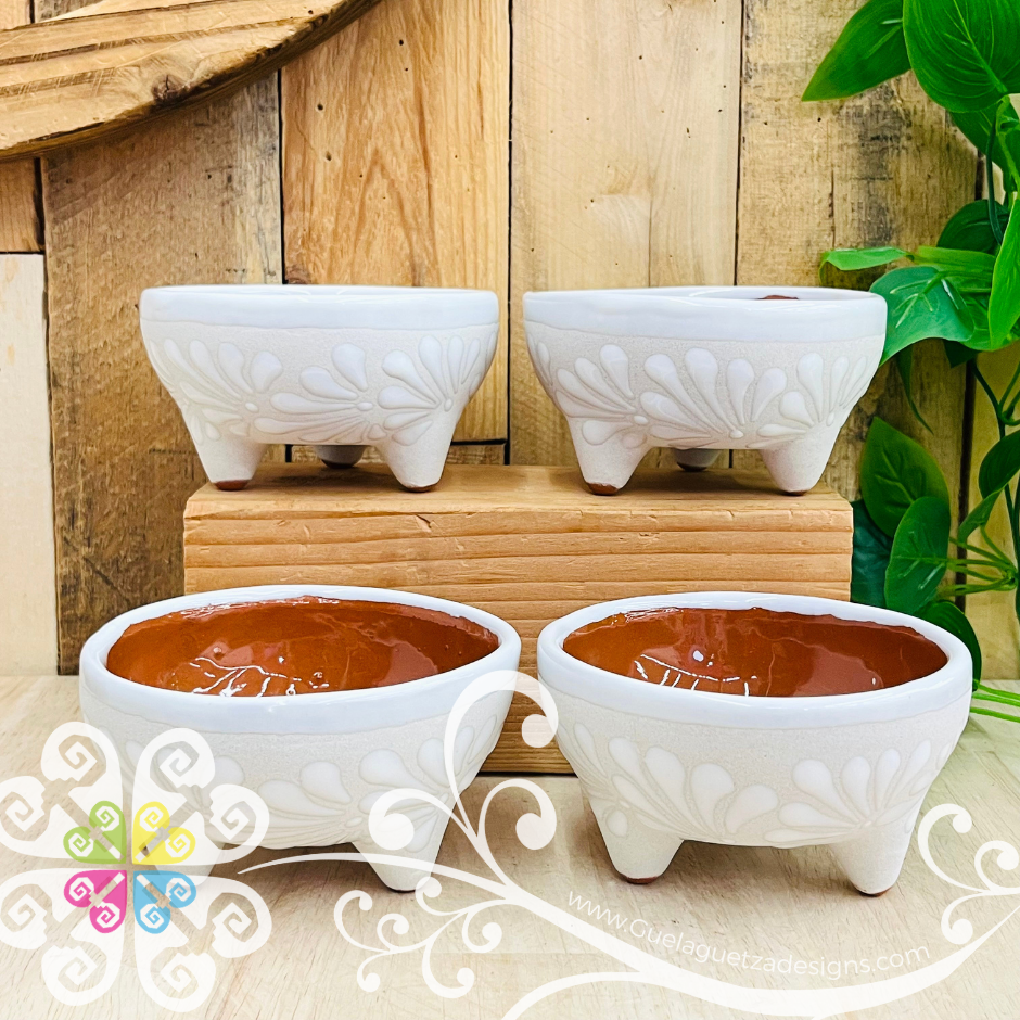 Set of 4 White Small Espiga Molcajete Barro - Mexican Kitchen