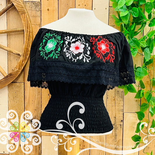 Black Tricolor Flor de Campesina Crop Top - Women Top