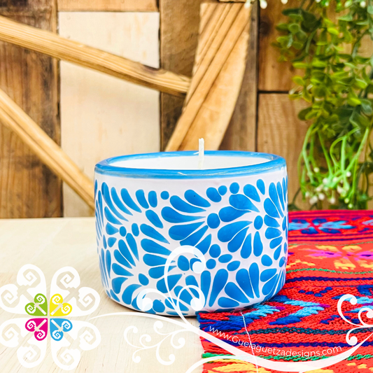 Large Tazon Blue Turquoise Talavera Candle - Artisan Candles