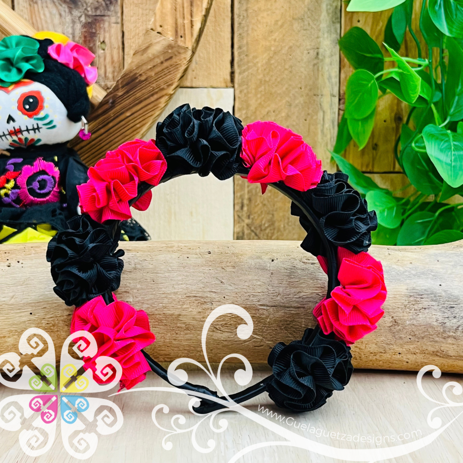 Fuchsia/Black Catrina Ribbon Flower Headband - Folkloric Headband