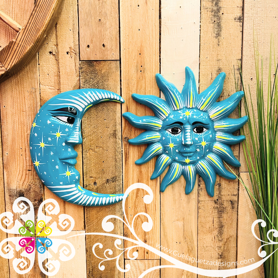Large Teal Sun & Moon Set - Wall Decor