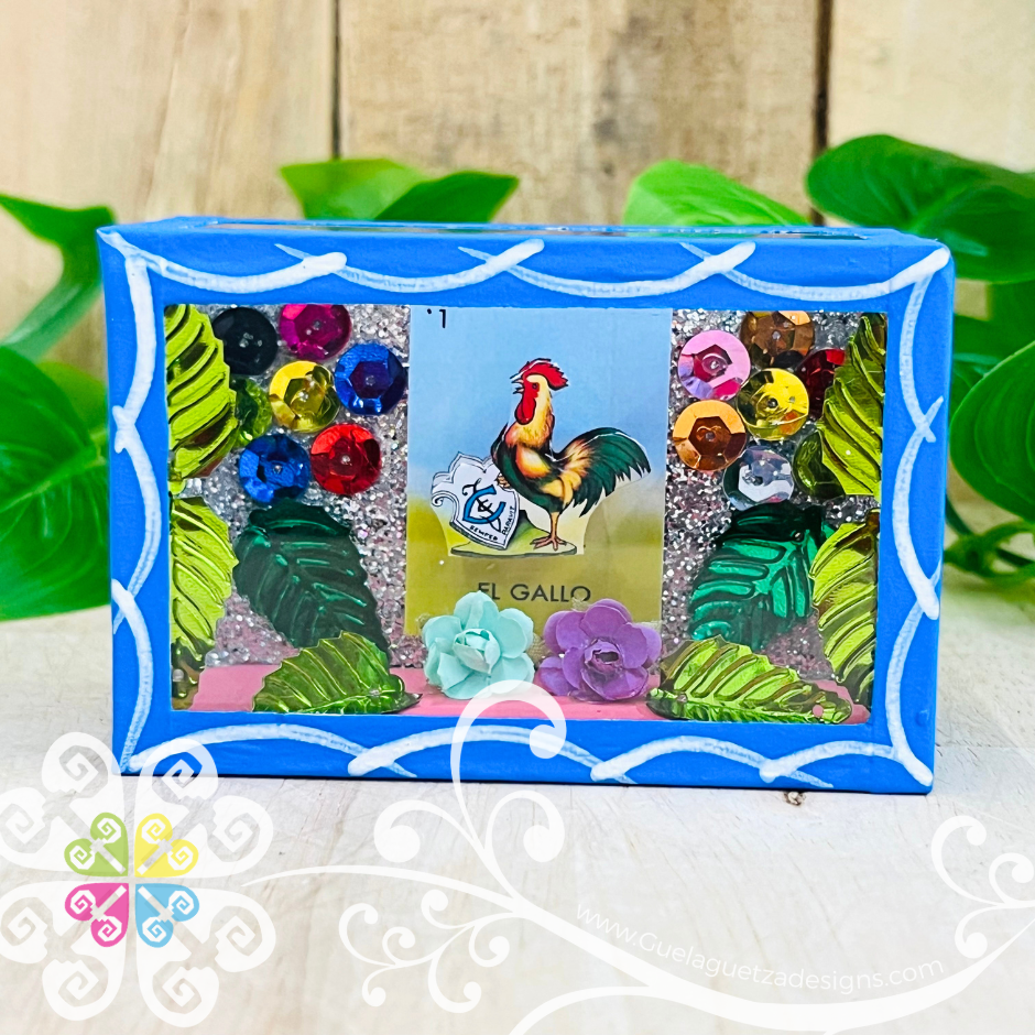 Mini Blue Square LoteriaMX Mexican Box Decor - Cajita Decorativa Barro Cocido
