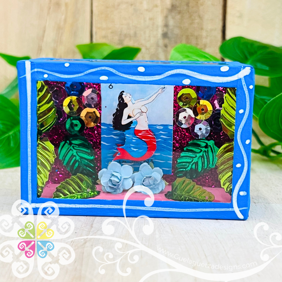 Mini Blue Square LoteriaMX Mexican Box Decor - Cajita Decorativa Barro Cocido