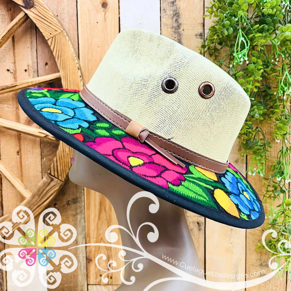 Beige With Multicolor Embroidery - Chiapas Summer Hat