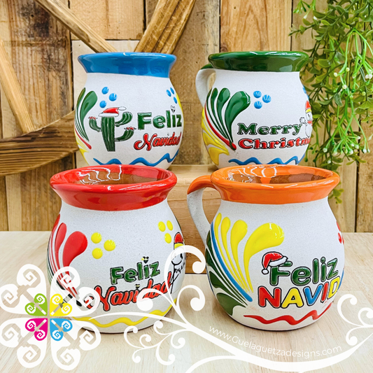 Set of 4 Engobe Feliz Navidad Mexican Clay Mugs - Set Taza Barro
