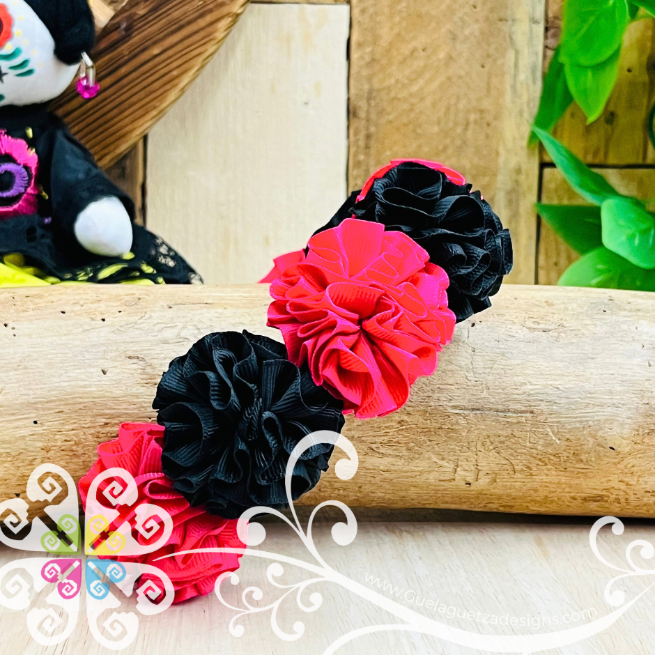 Fuchsia/Black Catrina Ribbon Flower Headband - Folkloric Headband