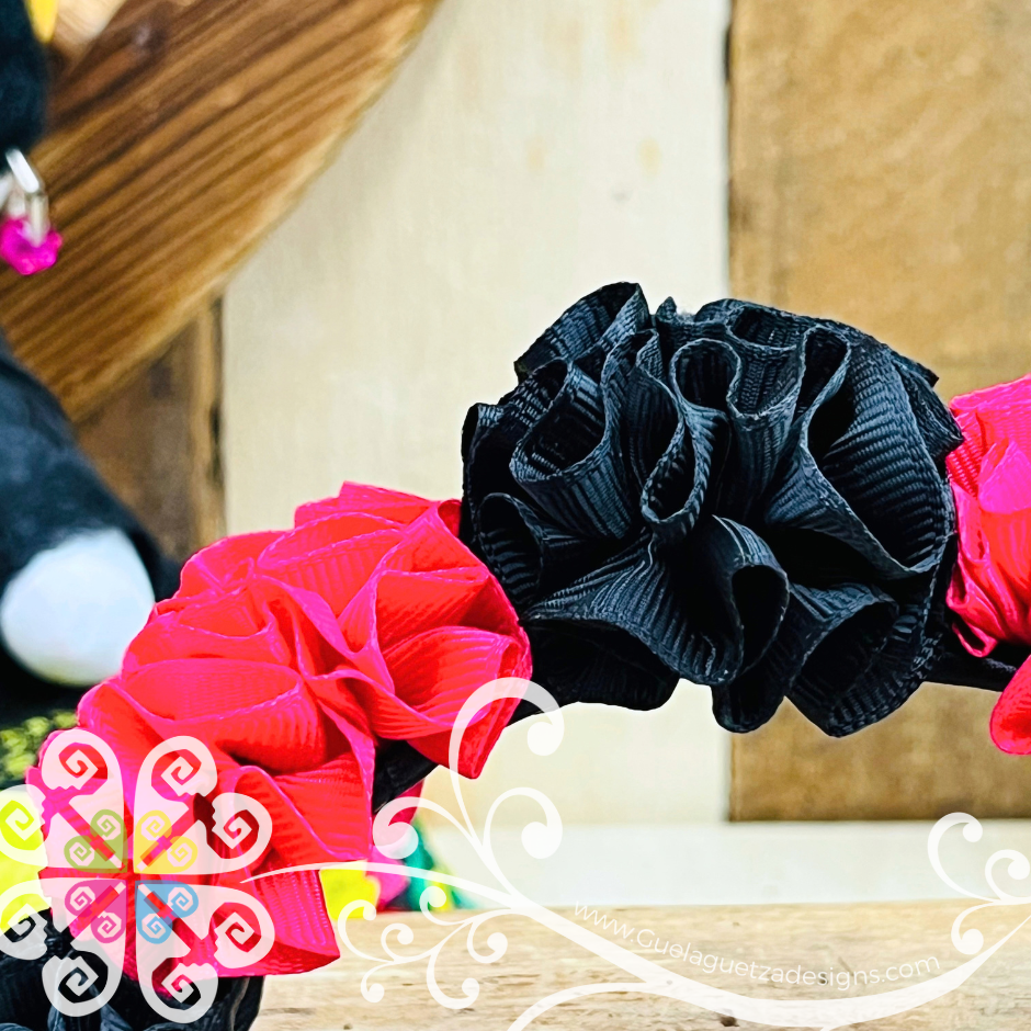 Fuchsia/Black Catrina Ribbon Flower Headband - Folkloric Headband
