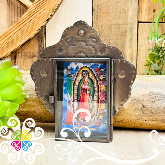 Medium Cobrizado Virgen De Guadalupe Nicho Frame - Hojalata San Miguel Collection