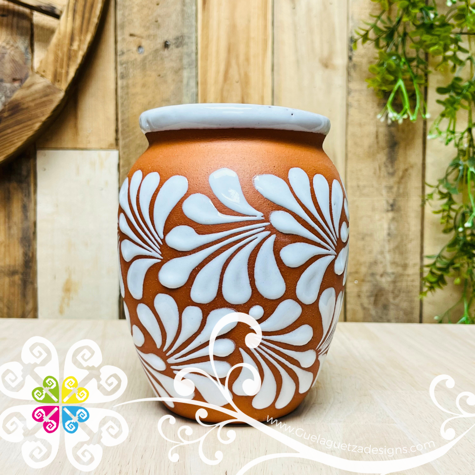 Natural / White Espiga Plumeado Bola Clay Vase - Florero Barro