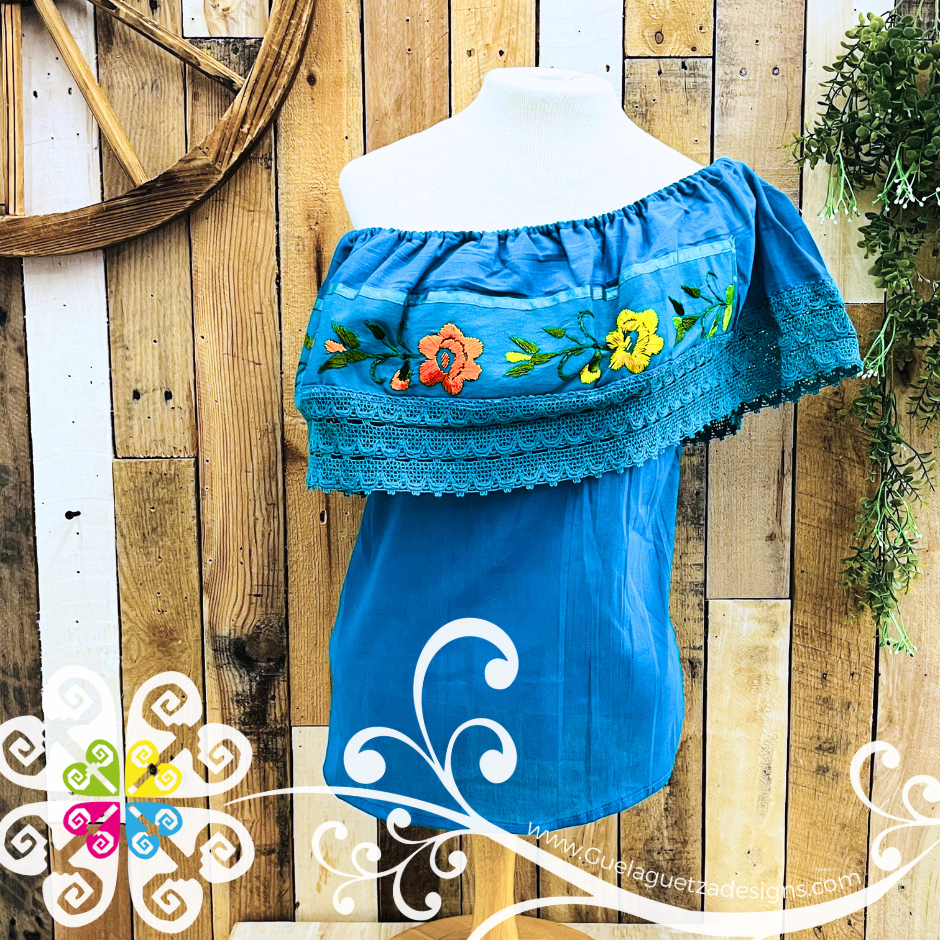 Teal Campesina Embroider - Women Top