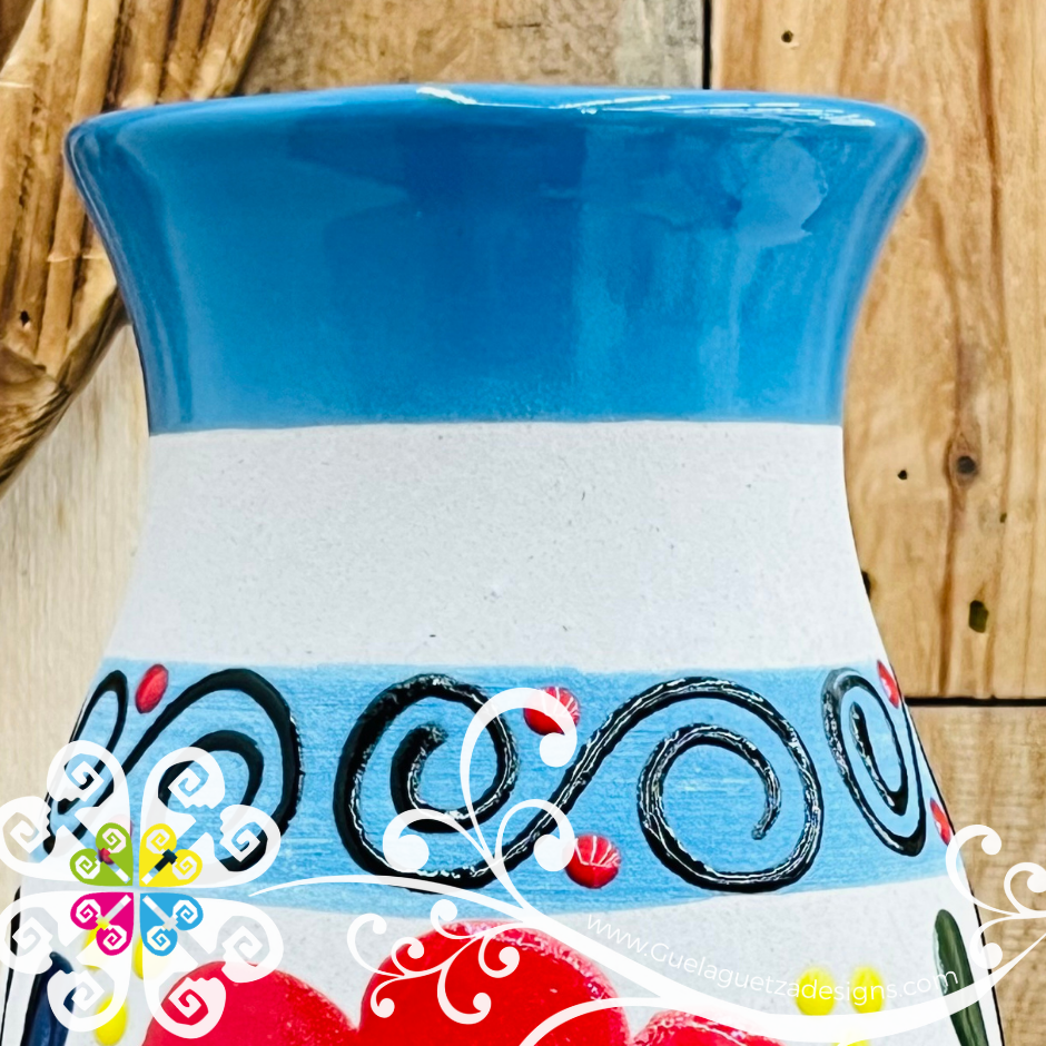 Turquoise Blue Florero Ovulo Floreado - Mexican Home Décor