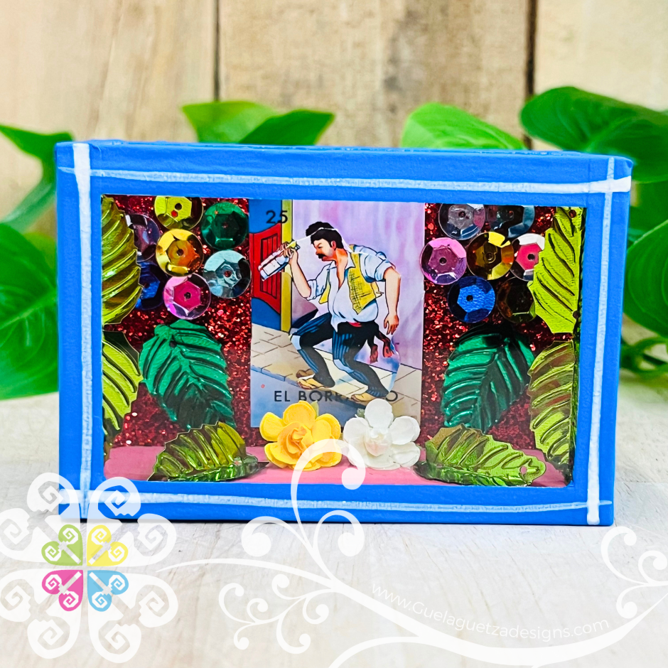 Mini Blue Square LoteriaMX Mexican Box Decor - Cajita Decorativa Barro Cocido