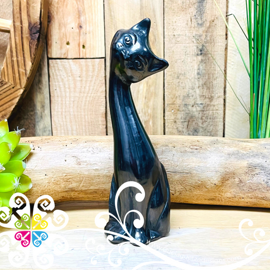Medium Long Neck Cat Black Clay Figure - Barro Negro Oaxaca
