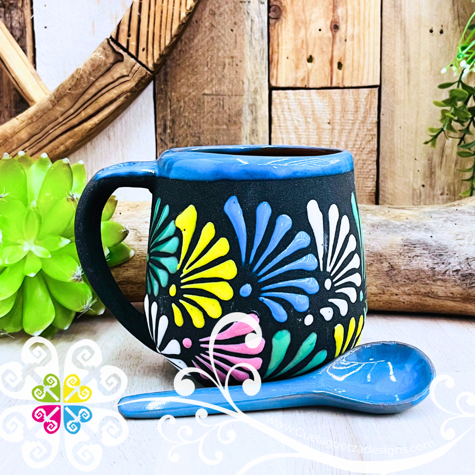 Blue With Multicolor Clay Mug with Spoon - Taza Espiga con Cuchara