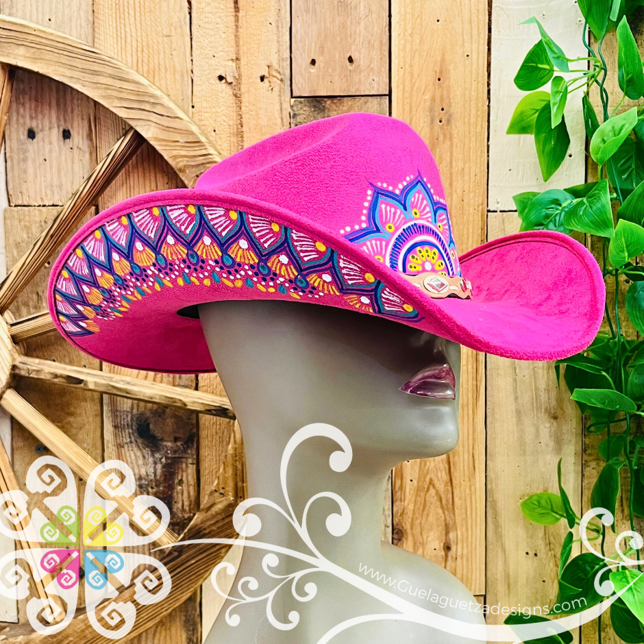 Fuchsia Mitla Cowboy Velvet Hat - Hand Painted Hat