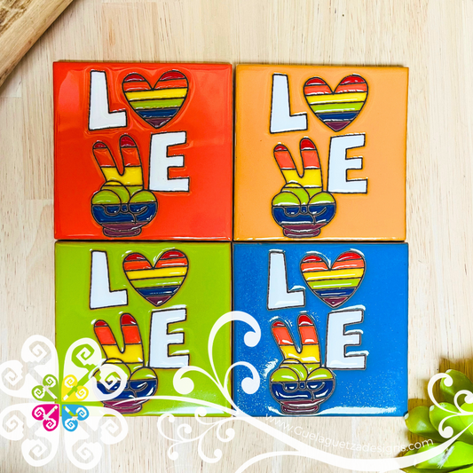 Set of 4 Peace and Love Coaster Set -  Set of Clay Coasters
