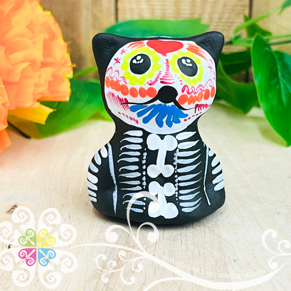 Mini Dia de los Muertos Seated Cat - Hand painted Cat