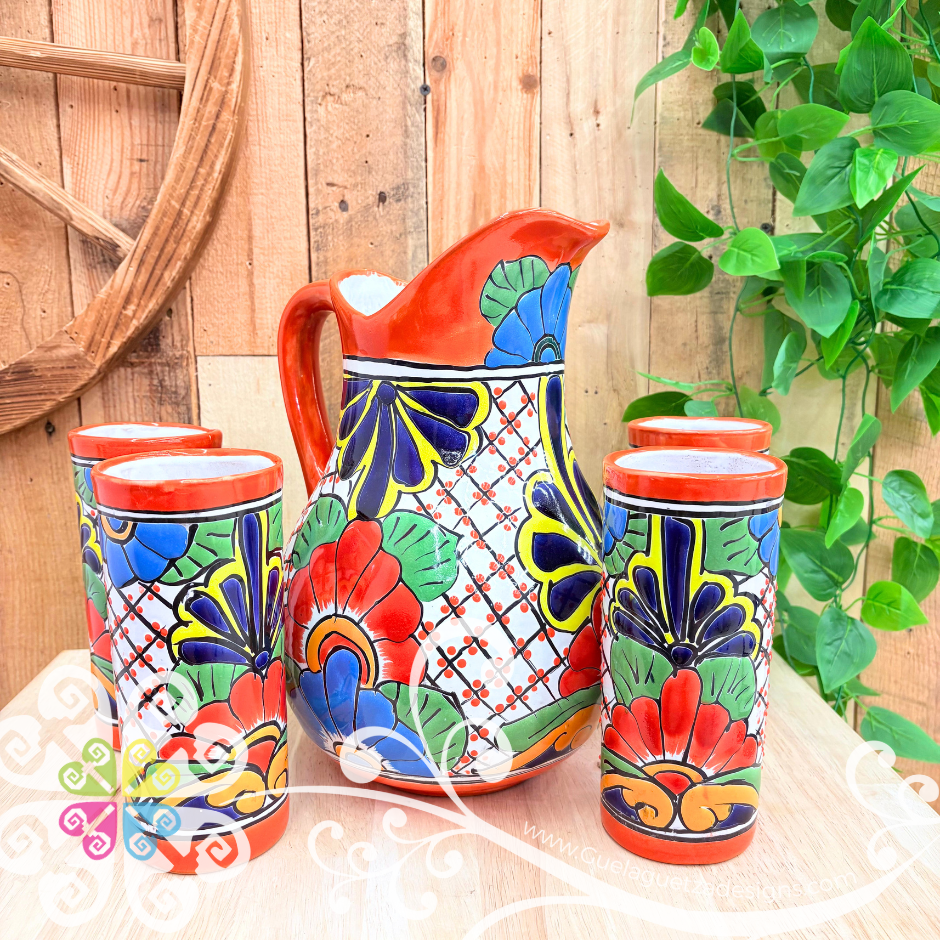 Orange Talavera Clay Pitcher Set - Set Clay Pitcher