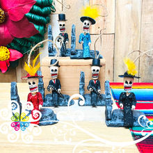 Set of 6 Little Clay Catrina y Catrin Seated On Tomb - Day of the Dead Christmas Ornaments