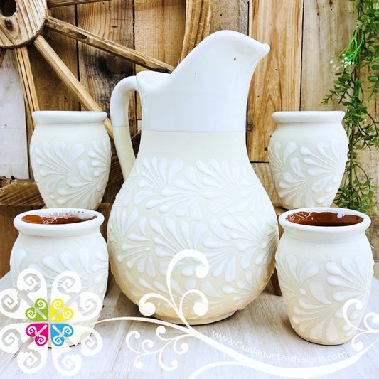 Engobe/White Espiga Pato Pitcher Set - 4 Cantaritos