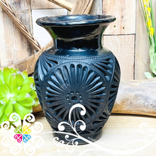 Large Black Flower Clay Vase - Barro Negro Oaxaca