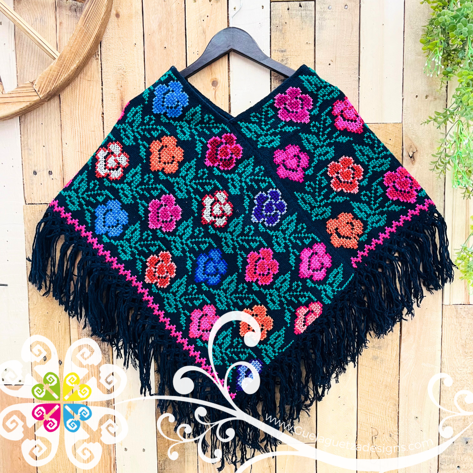 Colors Floral Design Embroider Poncho - Mañanita